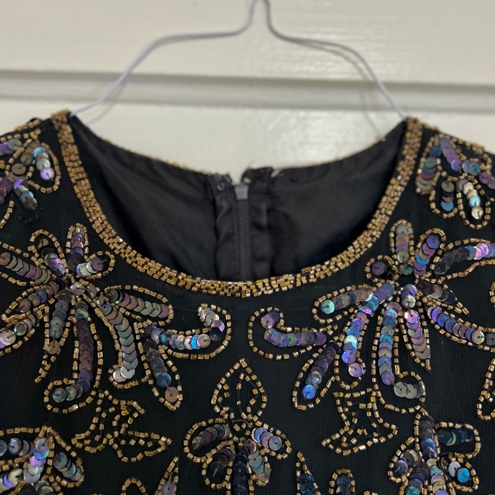 Vintage Silk Papell Boutique Beaded Sequin Evening Top S Black Gold Iridescent - Picture 4 of 8